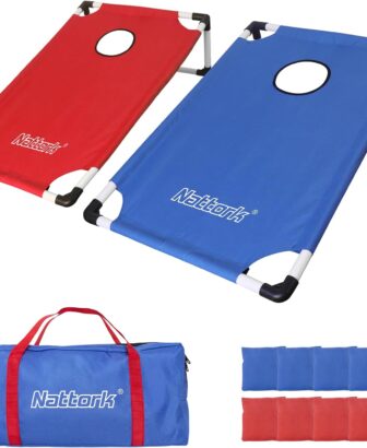 Portable Cornhole Set PVC Framed Corn Holes Outdoor Game Set with 2 Cornhole Boards, 8 Cornhole Bean Bags and Carrying Case, Camping Games Indoor Outdoor for Adults, Travel Camping Accessory